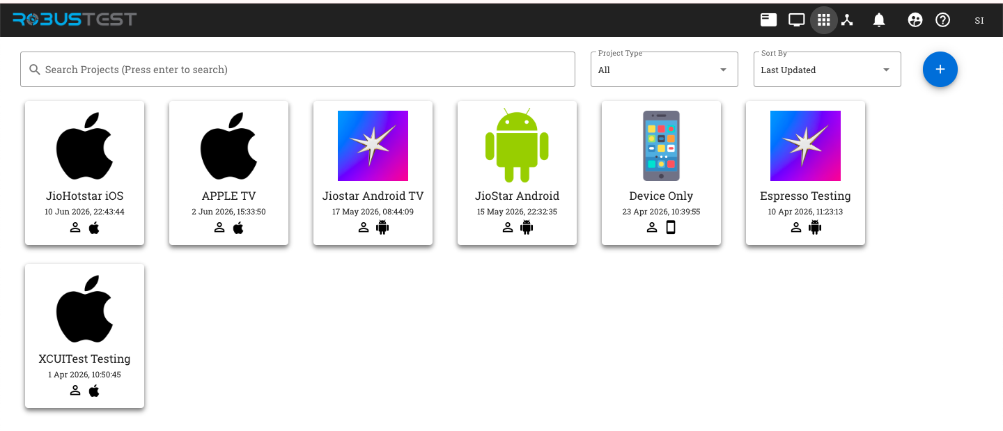 RobusTest projects page showing available projects