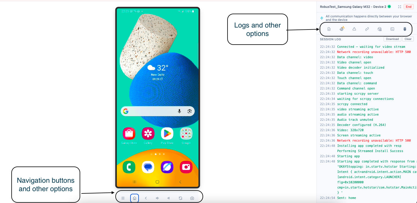 Live manual session screen showing device screen, navigation buttons, and logs panel