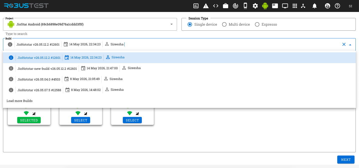 Selecting a build for the manual session