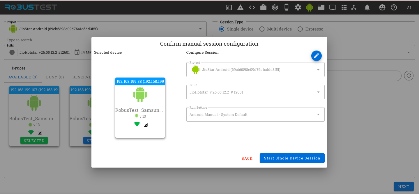 Confirm manual session configuration dialog with Start Single Device Session button