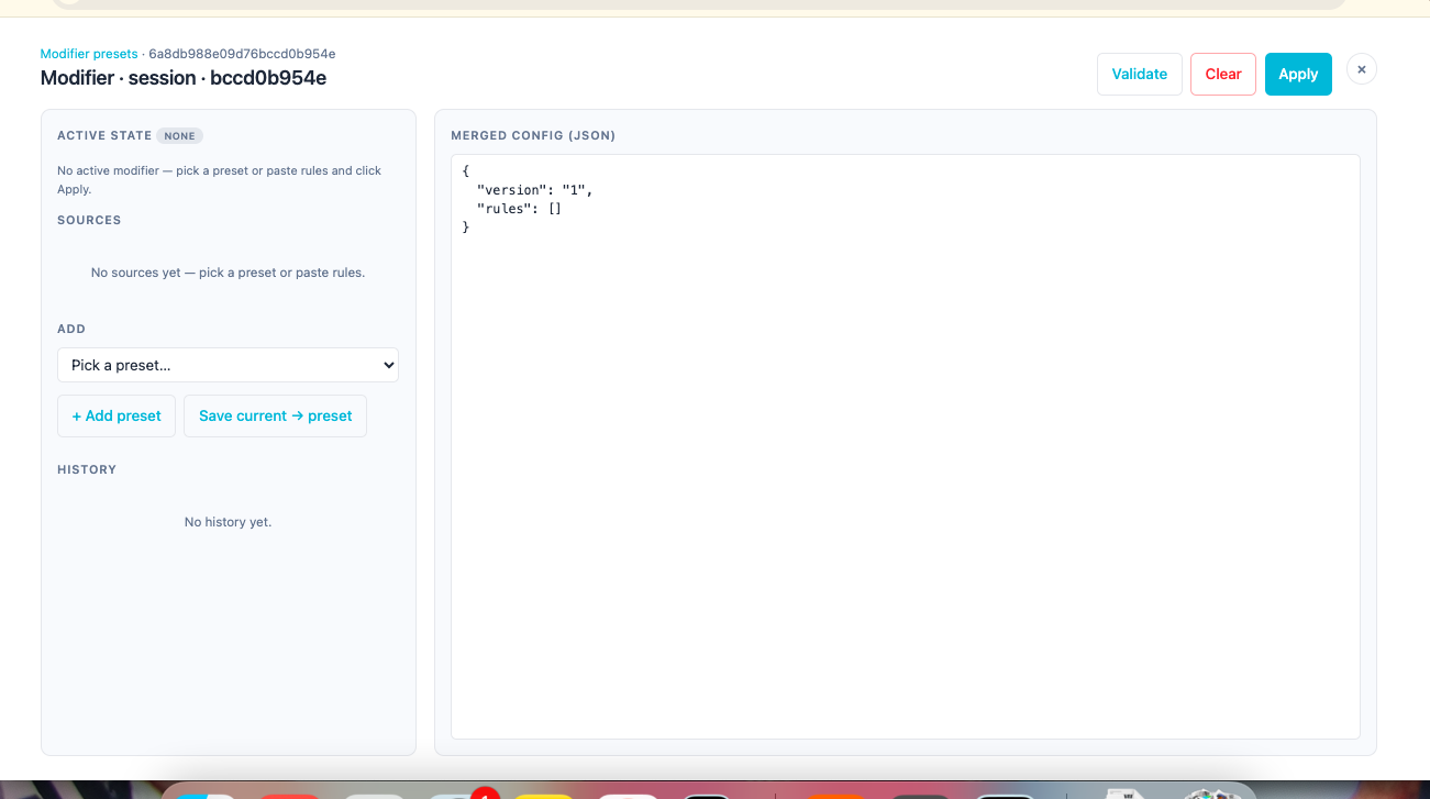 Network Proxy Modifier screen showing the preset picker, rule history, and merged JSON config panel